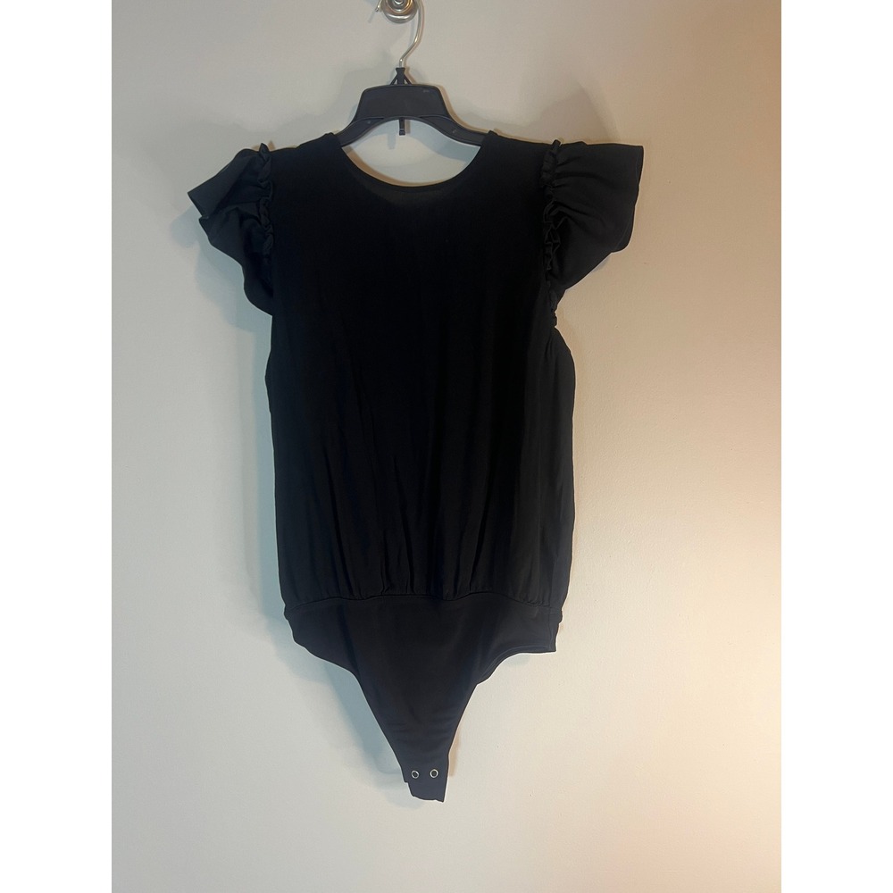Express Womens Black‎ Ruffle Flutter Sleeve Keyhole Back Bodysuit Medium